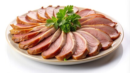 Delicious sliced smoked duck breast arranged on a plate with parsley
