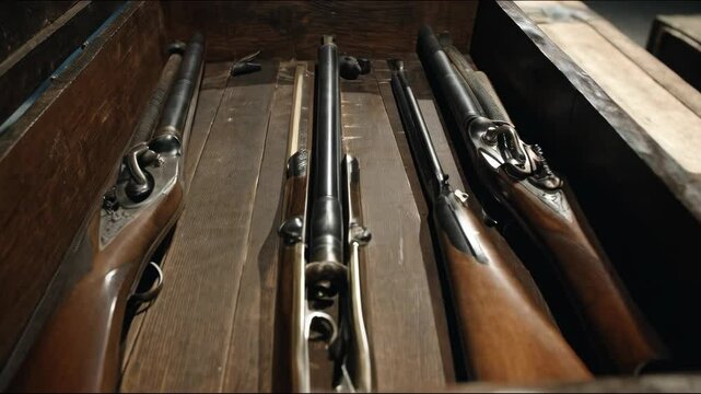 Antique firearms neatly arranged inside of a rustic wooden storage chest, highlighting the craftsmanship of weaponry in historical context.