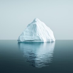 A solitary iceberg floats on calm, reflective water under a pale sky, symbolizing cold beauty and isolation.