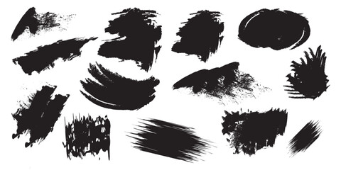 Set of black paint, ink brush strokes. Ink brush stroke set, black grunge smear collection. Vector collection of artistic grungy black paint creative brush stroke set isolated on white background.