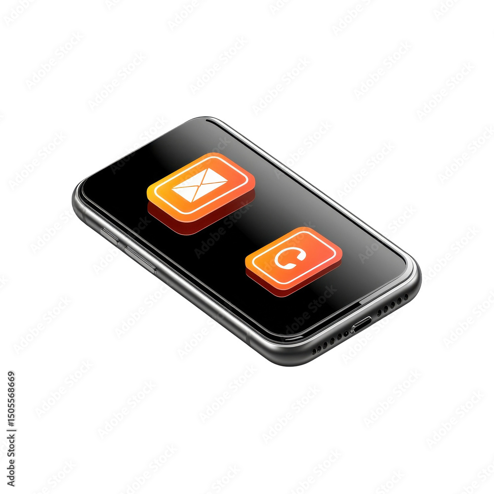Poster modern smartphone displaying vibrant email and call icons against sleek on transparent background