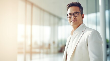 A man in a white suit standing in a modern office with a glass wall.