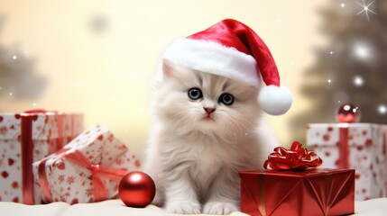 A white kitten wearing a Santa hat, surrounded by gift boxes and a Christmas tree, against a festive background with snowflakes and stars.