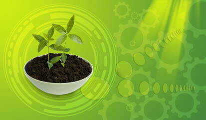 Soil in the bowl with a green plant. Modern agriculture technology. Safe the planet concept
