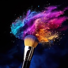 A vibrant, colorful makeup brush with a fluffy, multi-colored powder explosion against a dark, moody background.