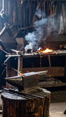 Blacksmith forge ablaze Anvil closeup, sparks flying. Power, tradition, craftsmanship concept. Ideal for industry, history, or artistic projects.