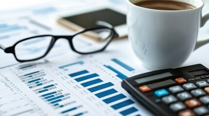 Budgeting flat lay workspace with open laptop financial notebook calculator mobile phone coffee cup glasses and business analysis reports on white background