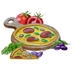 Watercolor illustration of the pizza and ingredients illustration set. Hand drawn fast Italian food isolated on the white background