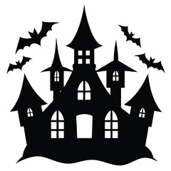Spooky Haunted House Silhouette with Bats, Halloween Night Illustration, Dark Gothic Castle