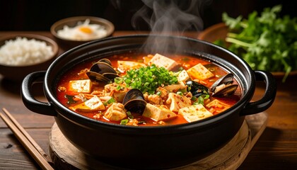 Sundubu Jjigae with Silken Tofu and Seafood. Traditional Korean Food