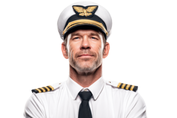 Portrait of a confident aeroplane captain dressed in crisp pilot uniform with cap
