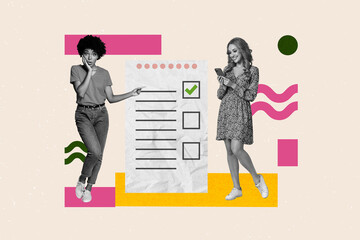 Picture collage of person stand point use phone pastel background with checklist approval
