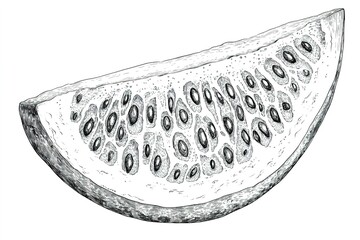 A playful watermelon slice with small black seeds, outlined in a fun and easy-to-color sketch