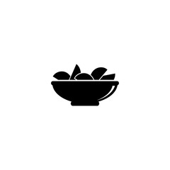 Simple black vector icon of a bowl filled with fruit, representing healthy eating and nutrition