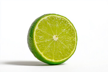 A lime is cut in half and is shown on a white background. The lime is green and has a fresh, healthy appearance