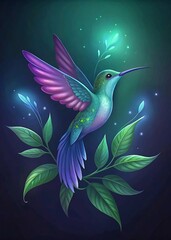 Obraz premium Colorful Hummingbird Soaring Among Vibrant Leaves Enchanted Ethereal Background