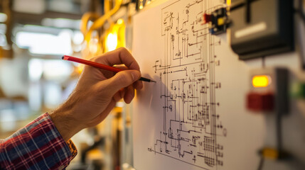 Electrical circuit design process workshop technical drawing industrial setting close-up view engineering innovation