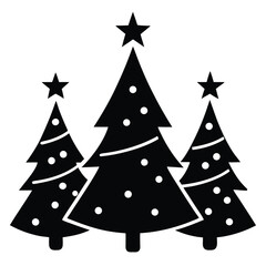 Three Christmas Trees with Star Toppers and Round Ornaments Isolated on White