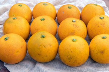 Fresh fruit, candied oranges, are neatly placed on the fabric