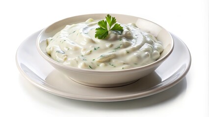 Creamy Tzatziki Sauce in a Ceramic Bowl with Parsley Garnish