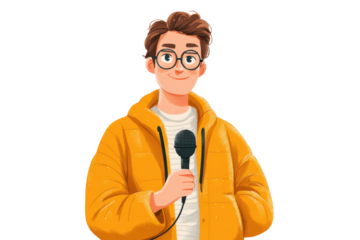 Portrait of a confident journalist holding a microphone in a vibrant coat