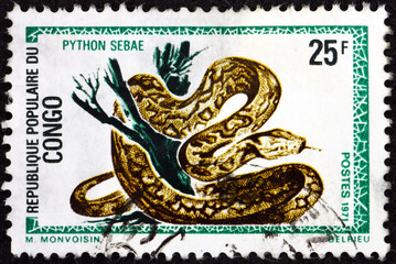 Postage stamp Congo 1969 rock python, python sebae, is a species of large constrictor snake native to sub-Saharan Africa