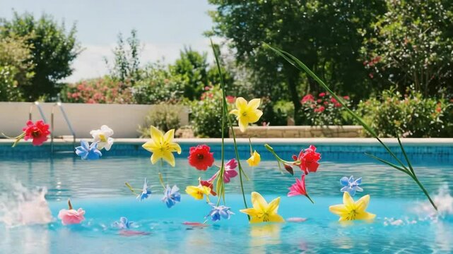 Colorful flowers floating in swimming pool