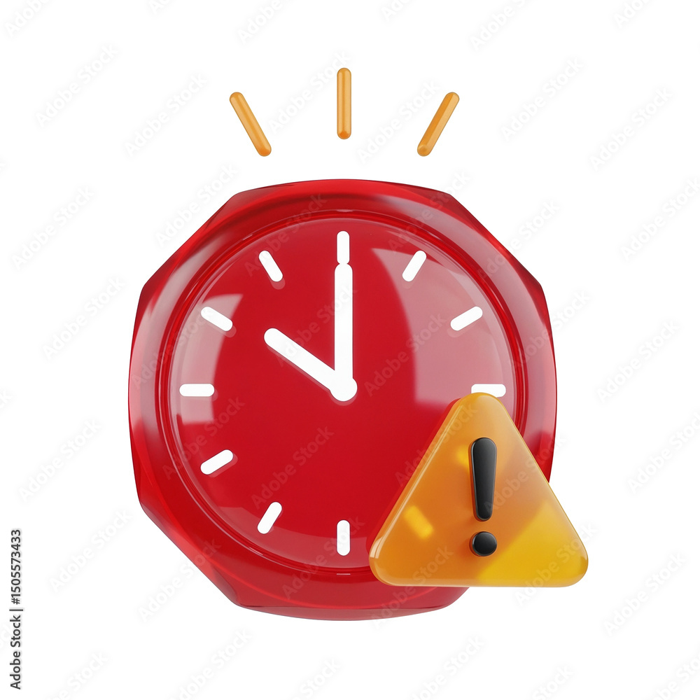 Poster red clock showing eight o'clock with exclamation point warning sign on transparent background