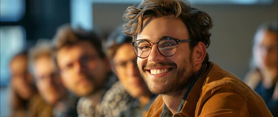 A smiling man with glasses enjoys a moment in a collaborative group setting, showcasing engagement and positivity. This image captures the essence of teamwork and interaction.