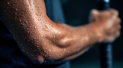 Close-up of a muscular arm holding a water bottle, droplets glistening, fitness background
