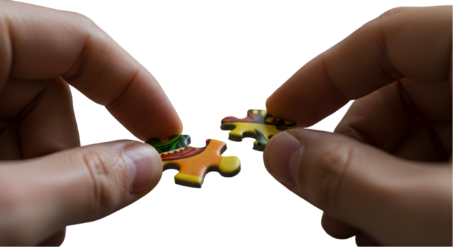 Hands Assembling Puzzle Pieces in Close Up on Transparent Background Photo