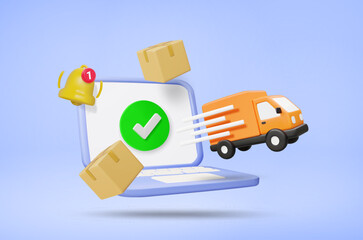 Obraz premium 3D illustration vector render of truck coming out of laptop or notebook screen with parcel box and number 1 notification bell icon. Fast Online Delivery Alert concept, E-commerce service.