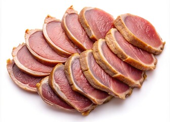 Close up of sliced duck breast isolated on a white background surface