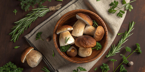 Fresh forest mushrooms /Boletus edulis (king bolete) / penny bun / cep / porcini / mushroom in an old bowl / plate and rosemary parsley herbs on the wooden dark brown table, top view background banner