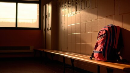 A quiet school locker room at sunset, featuring a backpack on a bench, evoking nostalgia