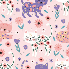seamless pattern with cute cat and  flowers