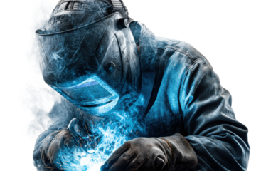 Skilled welder crafting steel with precision and artistry in dynamic blue sparks