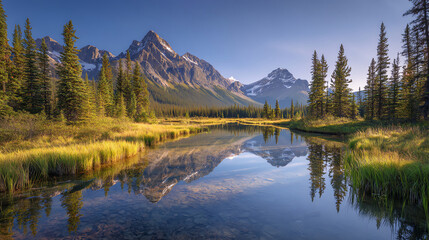 Reflections of Majestic Mountain in Tranquil Lake Surrounded by Forest