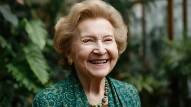 Joyful elderly woman with natural beauty, laughing and smiling in a lush green garden setting, showcasing love for nature and happiness in life