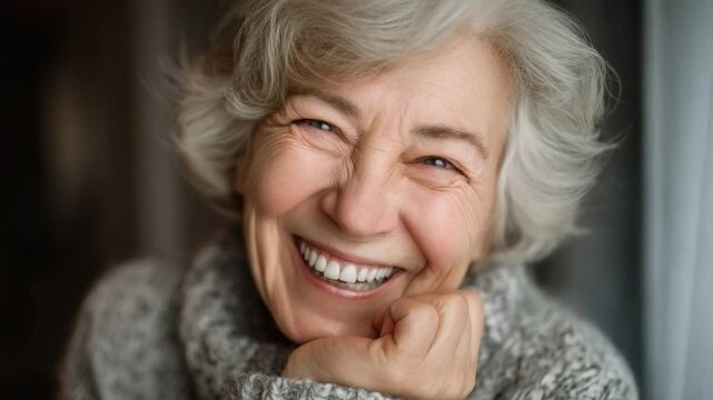 Joyful elderly woman wearing cozy sweater smiling warmly at the camera with soft lighting creating a cheerful and inviting atmosphere in a domestic setting