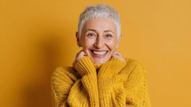 Joyful older woman with short gray hair wearing a cozy yellow sweater smiling brightly against a vibrant orange background