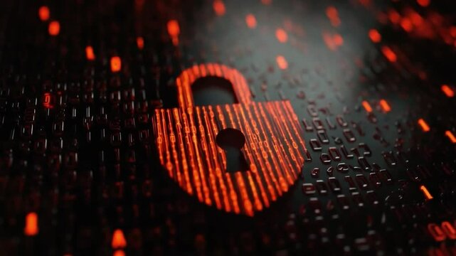 Abstract digital background featuring a glowing padlock symbol amidst flowing binary code, representing cybersecurity, data protection, and digital safety concepts.