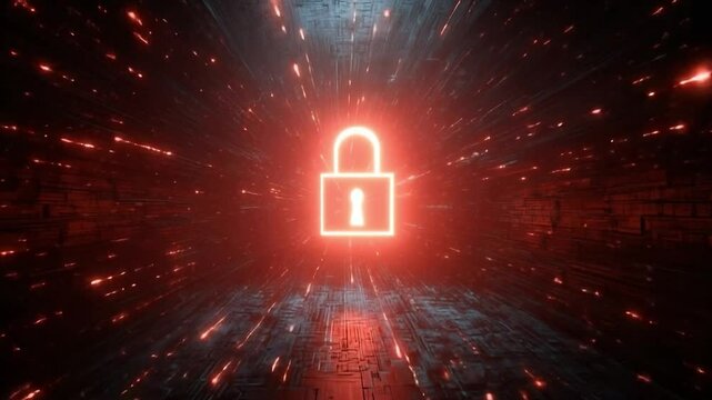 Futuristic Digital Lock with Glowing Red Lines Representing Cybersecurity and Data Protection in a Virtual Environment