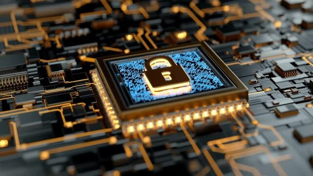 Secure Digital Lock on Microchip Circuit Board Representing Data Protection and Cyber Security Technology Concepts