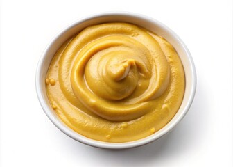 A closeup shot of a bowl filled with swirling yellow mustard