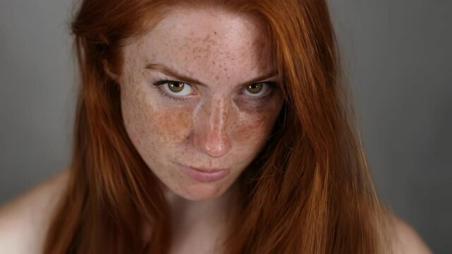 Close up portrait of a fair-skinned young woman with intense stare, freckles and red hair against a neutral backdrop looking at the camera