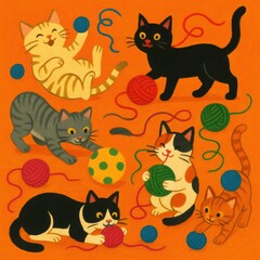 Colorful Playful Cats Enjoying Yarn and Balls in a Vibrant Setting With a Joyful Atmosphere in a Cozy Indoor Location