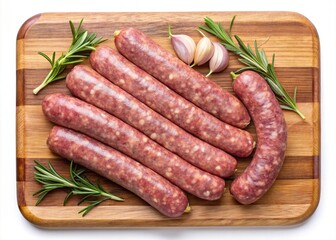Italian Sausage Still Life with Garlic and Rosemary on Wooden Cutting Board