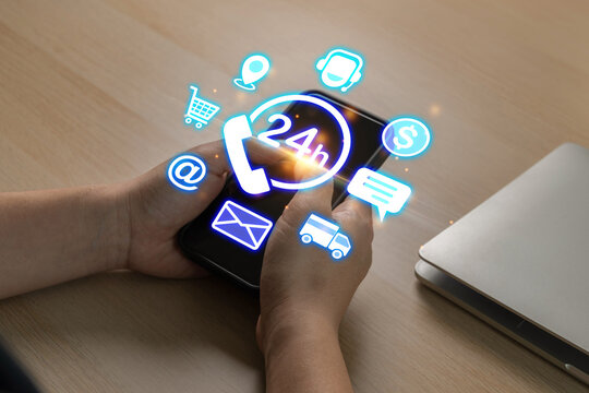 Customer Service. people hand hold mobile smart phone with virtual social media icon diagram, online shopping, contact us, business finance, internet data technology, digital marketing concept