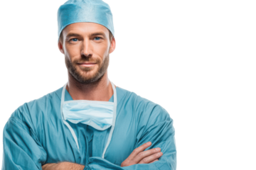 Confident male surgeon wearing scrubs and mask, preparing for surgery with skill